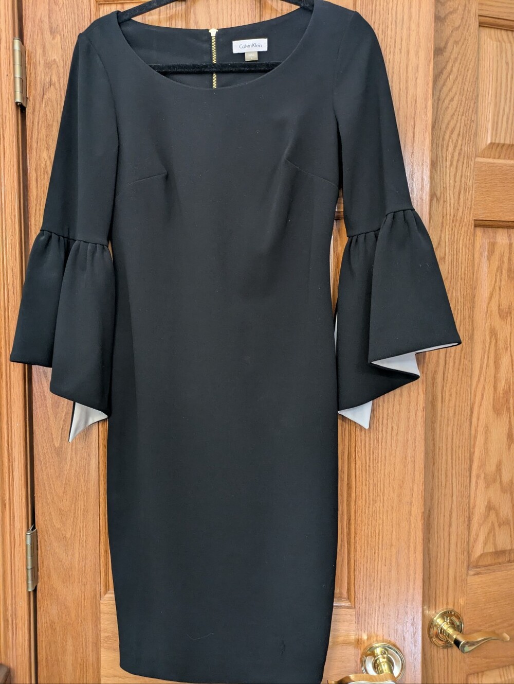 Calvin Klein Black Sheath Dress with Contrasting Bell Cuffs - 4